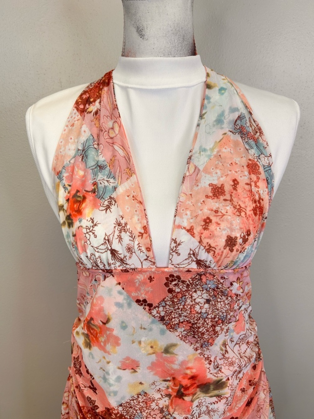 Y2K Floral Patchwork Pink Halter Sundress Backless Party Summer Stretch Coquette - Picture 3 of 14